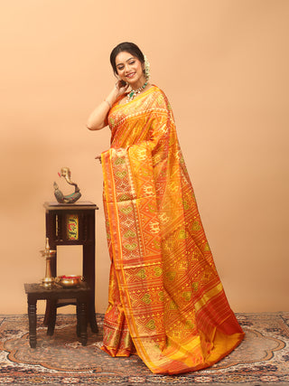 Suryalekha-Vibrant Orange Rajkot Single Ikkat Pure Mulberry Silk Patola Saree