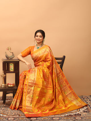 Suryalekha-Vibrant Orange Rajkot Single Ikkat Pure Mulberry Silk Patola Saree