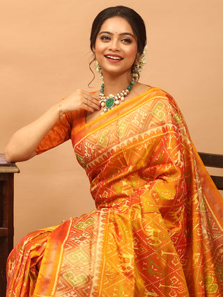 Suryalekha-Vibrant Orange Rajkot Single Ikkat Pure Mulberry Silk Patola Saree
