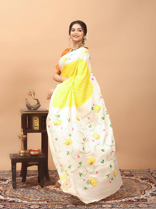 Sunshine Yellow & Ivory Hand-Painted Bandhani Modal Silk Saree