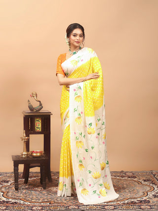 Sunshine Yellow & Ivory Hand-Painted Bandhani Modal Silk Saree