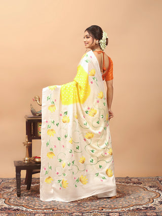 Sunshine Yellow & Ivory Hand-Painted Bandhani Modal Silk Saree