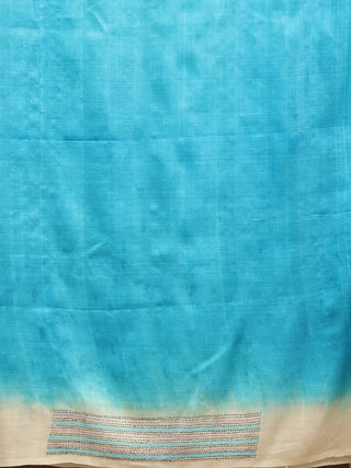 Turquoise & Ivory Pure Tussar Silk Saree with Multicolour Hand Kantha Embroidery