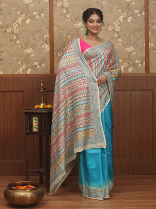 Turquoise & Ivory Pure Tussar Silk Saree with Multicolour Hand Kantha Embroidery