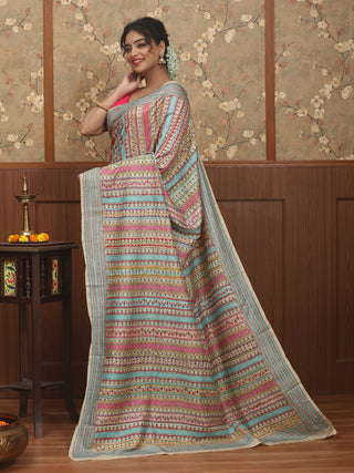 Turquoise & Ivory Pure Tussar Silk Saree with Multicolour Hand Kantha Embroidery