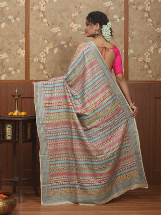 Turquoise & Ivory Pure Tussar Silk Saree with Multicolour Hand Kantha Embroidery