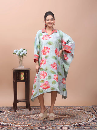 Blush Garden – Hand-Painted Pure Silk Kaftan