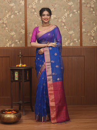 Royal Blue Bengal Muslin Saree with Antique Gold Butis and Magenta Pallu