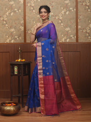 Royal Blue Bengal Muslin Saree with Antique Gold Butis and Magenta Pallu