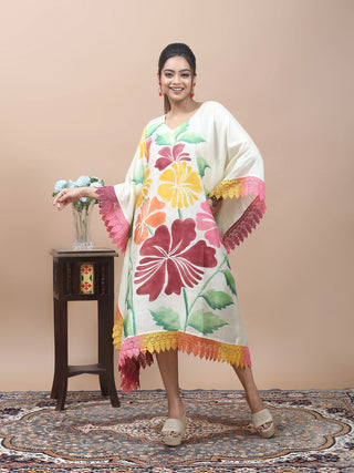 Sunshine Bloom – Hand-Painted Pure Mulberry Silk Kaftan