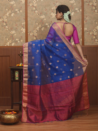 Royal Blue Bengal Muslin Saree with Antique Gold Butis and Magenta Pallu