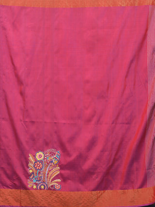 Navy Blue & Magenta Pure Bishnupur Katan Silk Saree with Madhubani Inspired Kantha Embroidery