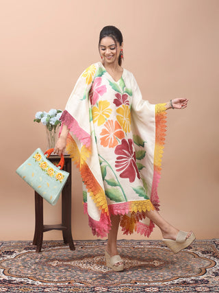 Sunshine Bloom – Hand-Painted Pure Mulberry Silk Kaftan