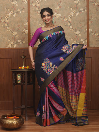 Navy Blue & Magenta Pure Bishnupur Katan Silk Saree with Madhubani Inspired Kantha Embroidery