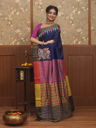 Navy Blue & Magenta Pure Bishnupur Katan Silk Saree with Madhubani Inspired Kantha Embroidery