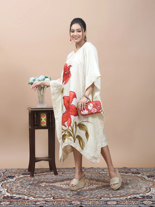 Ivory Lily – Hand-Painted Pure Silk Kaftan