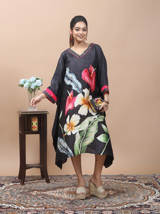 Midnight Flora – Hand-Painted Pure Silk Kaftan