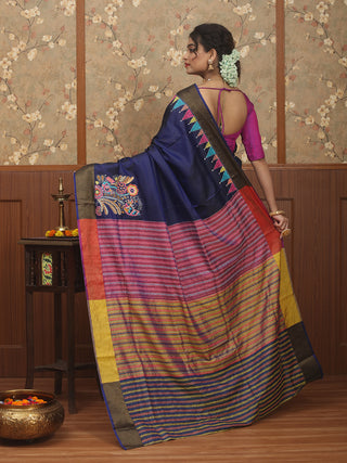 Navy Blue & Magenta Pure Bishnupur Katan Silk Saree with Madhubani Inspired Kantha Embroidery