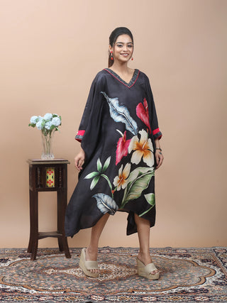 Midnight Flora – Hand-Painted Pure Silk Kaftan