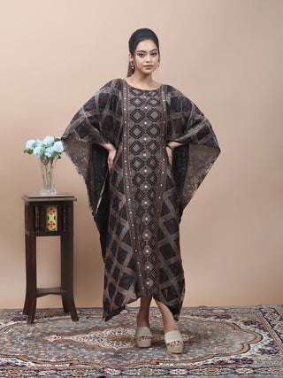 Earth Geometry – Ajrakh Printed Kaftan with Kantha & Mirror Work