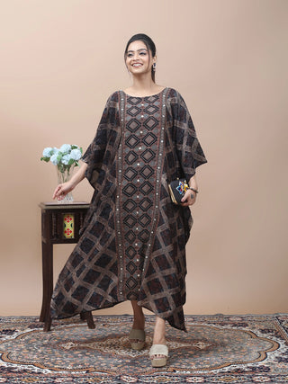 Earth Geometry – Ajrakh Printed Kaftan with Kantha & Mirror Work