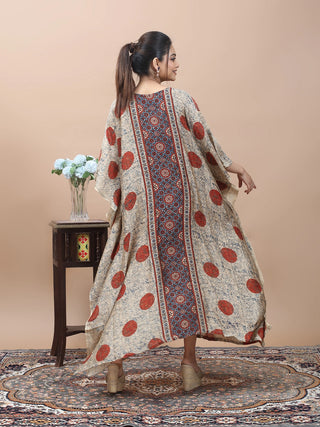 Floral-Geometric Harmony – Ajrakh Printed Kaftan with Kantha & Mirror Work