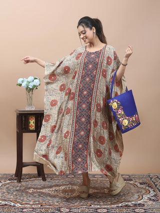 Floral-Geometric Harmony – Ajrakh Printed Kaftan with Kantha & Mirror Work