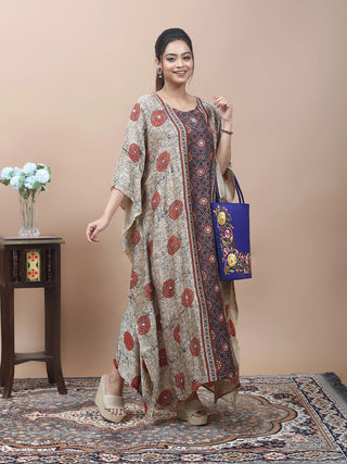 Floral-Geometric Harmony – Ajrakh Printed Kaftan with Kantha & Mirror Work