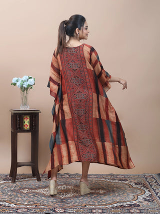 Desert Motif – Ajrakh Printed Kaftan with Kantha & Mirror Work