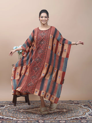 Desert Motif – Ajrakh Printed Kaftan with Kantha & Mirror Work