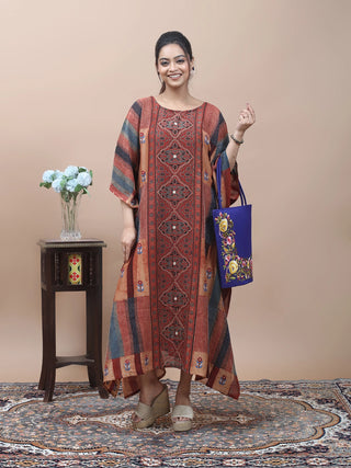 Desert Motif – Ajrakh Printed Kaftan with Kantha & Mirror Work