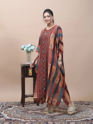 Desert Motif – Ajrakh Printed Kaftan with Kantha & Mirror Work