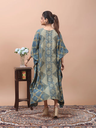 Indigo Heritage – Ajrakh Printed Kaftan with Kantha & Mirror Work