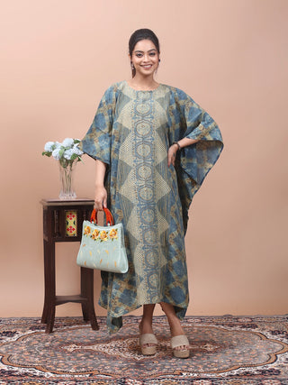 Indigo Heritage – Ajrakh Printed Kaftan with Kantha & Mirror Work