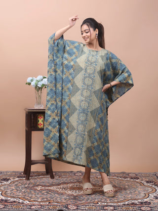 Indigo Heritage – Ajrakh Printed Kaftan with Kantha & Mirror Work
