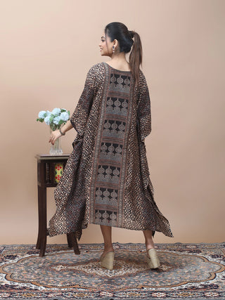 Ocean Weave – Ajrakh Printed Kaftan with Kantha & Mirror Work