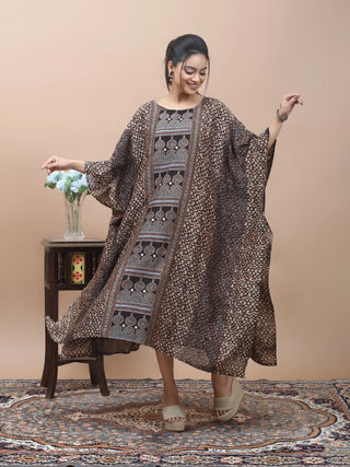 Ocean Weave – Ajrakh Printed Kaftan with Kantha & Mirror Work