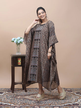 Ocean Weave – Ajrakh Printed Kaftan with Kantha & Mirror Work