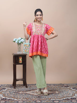 Fuchsia Bloom – Ikkat Peplum Top with Embroidered Yoke
