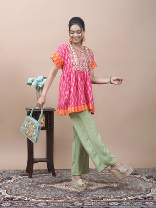 Fuchsia Bloom – Ikkat Peplum Top with Embroidered Yoke