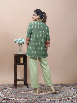 Heritage Green – Ikkat Cotton Top with Gujarati Embroidery & Bhutanese Borders