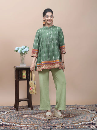 Heritage Green – Ikkat Cotton Top with Gujarati Embroidery & Bhutanese Borders