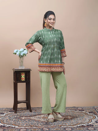 Heritage Green – Ikkat Cotton Top with Gujarati Embroidery & Bhutanese Borders