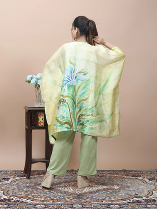 Lime Bloom – Hand-Painted Pure Silk Kaftan with Aari Embellishment