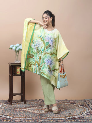 Lime Bloom – Hand-Painted Pure Silk Kaftan with Aari Embellishment