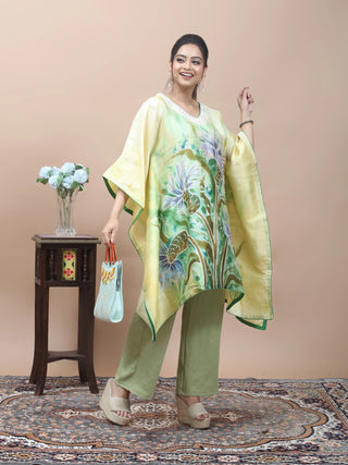 Lime Bloom – Hand-Painted Pure Silk Kaftan with Aari Embellishment