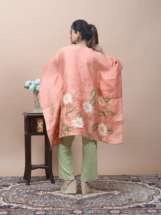 Coral Bloom – Hand-Painted Pure Silk Kaftan with Aari Embellishment