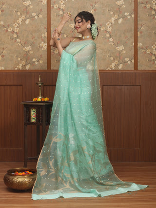 Aqua Veil – Half & Half Matka-Muslin Jamdani Saree