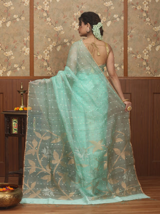Aqua Veil – Half & Half Matka-Muslin Jamdani Saree