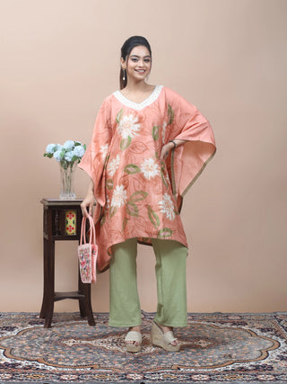Coral Bloom – Hand-Painted Pure Silk Kaftan with Aari Embellishment